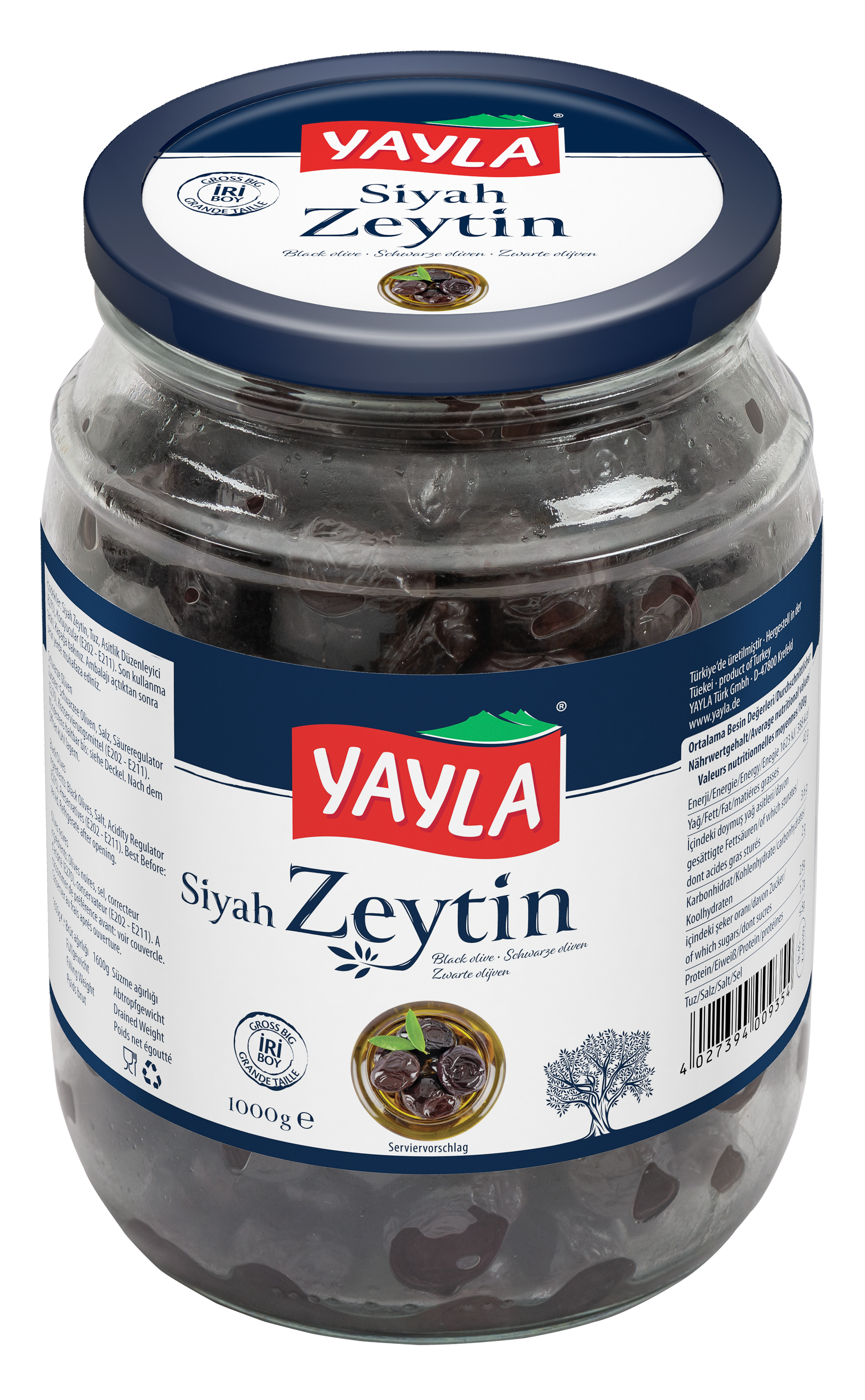 Yayla Natürliche schwarze Oliven in Lake, in Öl 1 kg